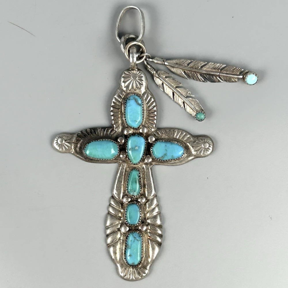 Horace Iule Zuni Turquoise Sterling 3" Silver Cross Pendant Feather Dangles 28g